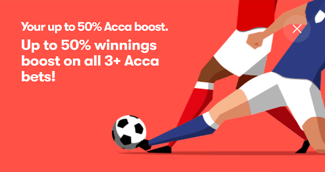 Up to 50% Acca Boost banner on 10Bet