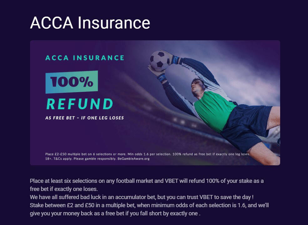 Acca Insurance 100% Refund banner as shown on Vbet's site