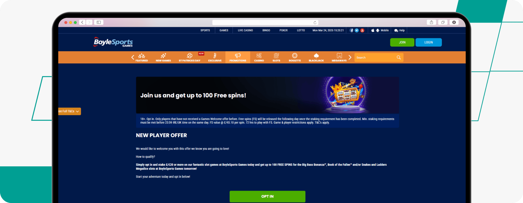 Boylesports 100 free spins casino offer