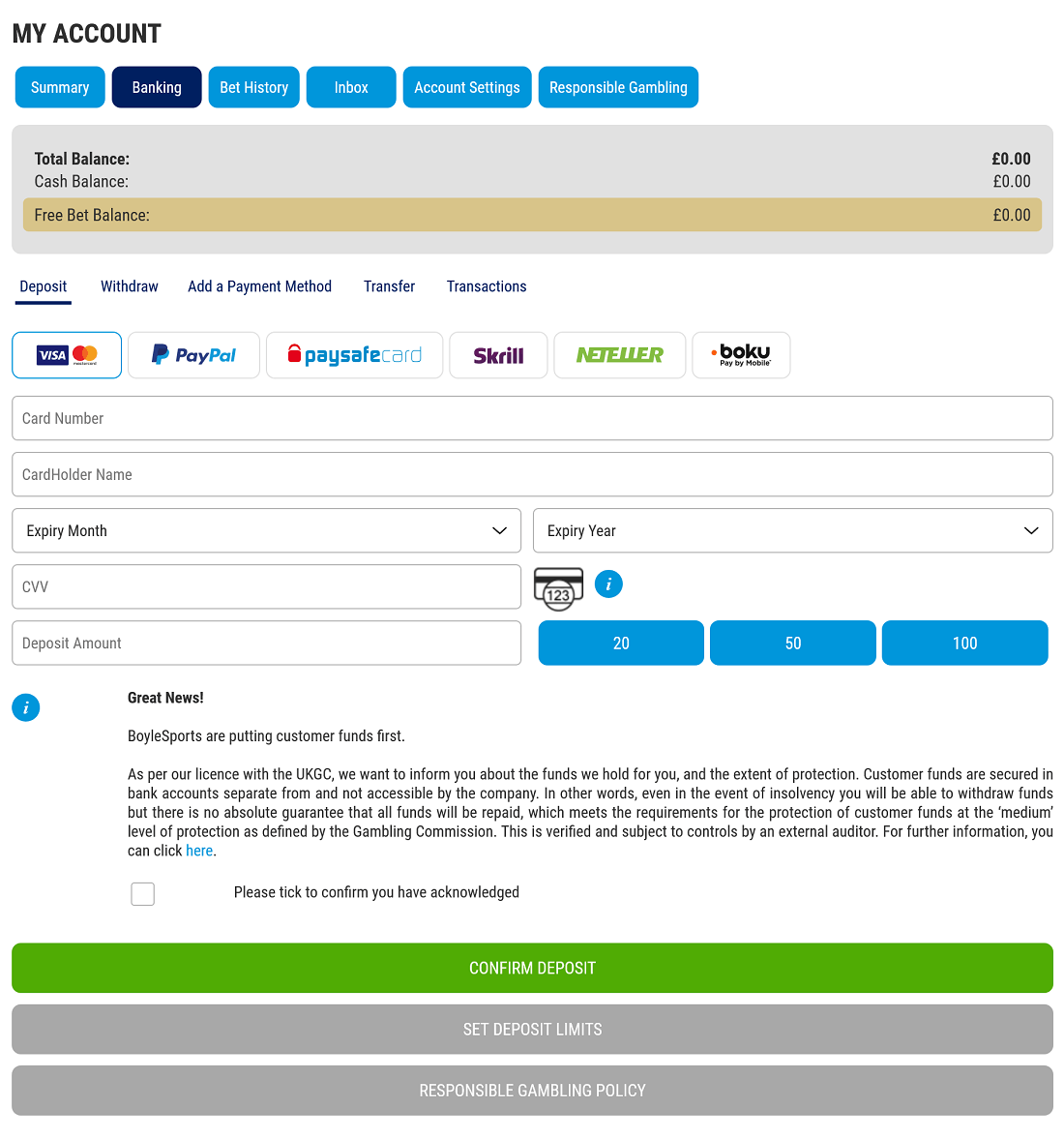 BoyleSports Deposit Page