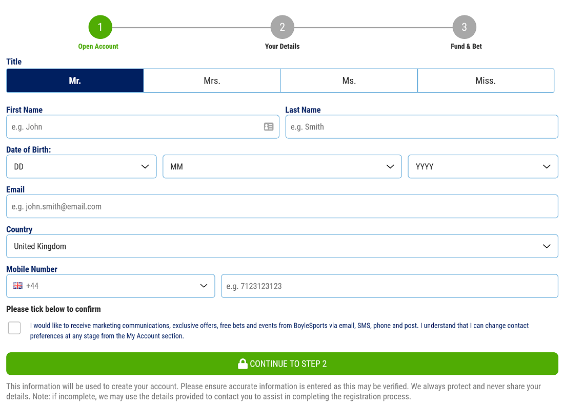 BoyleSports Registration Form