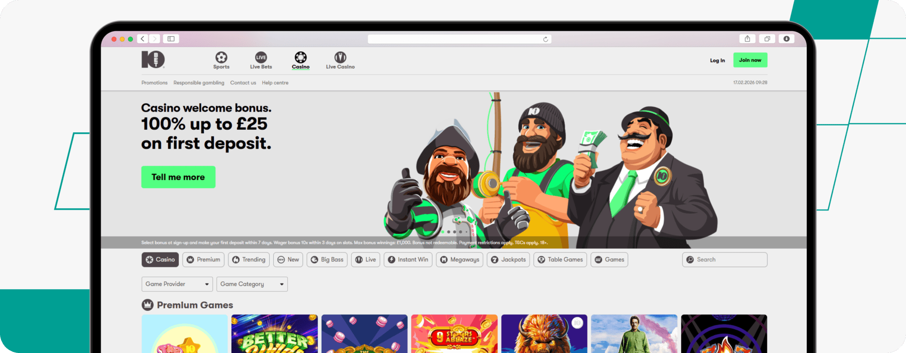 screenshot of 10bet casino homepage