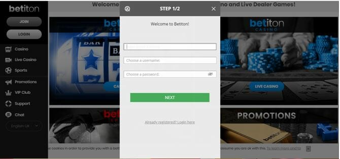 Step one for registering at Betiton