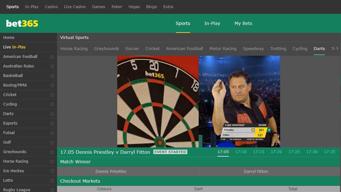 screenshot of bet365's virtual darts page