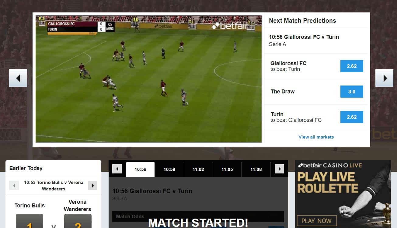 Next Match Predictions screenshot of virtual football game at Betfair