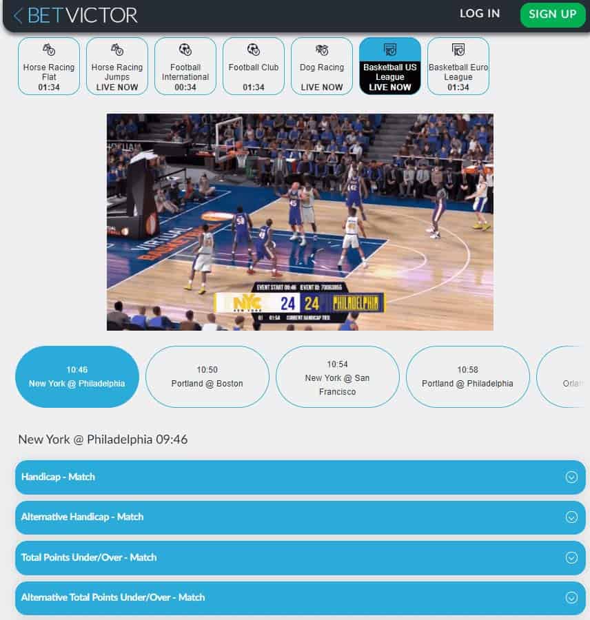 screenshot of virtual basketball betting at BetVictor