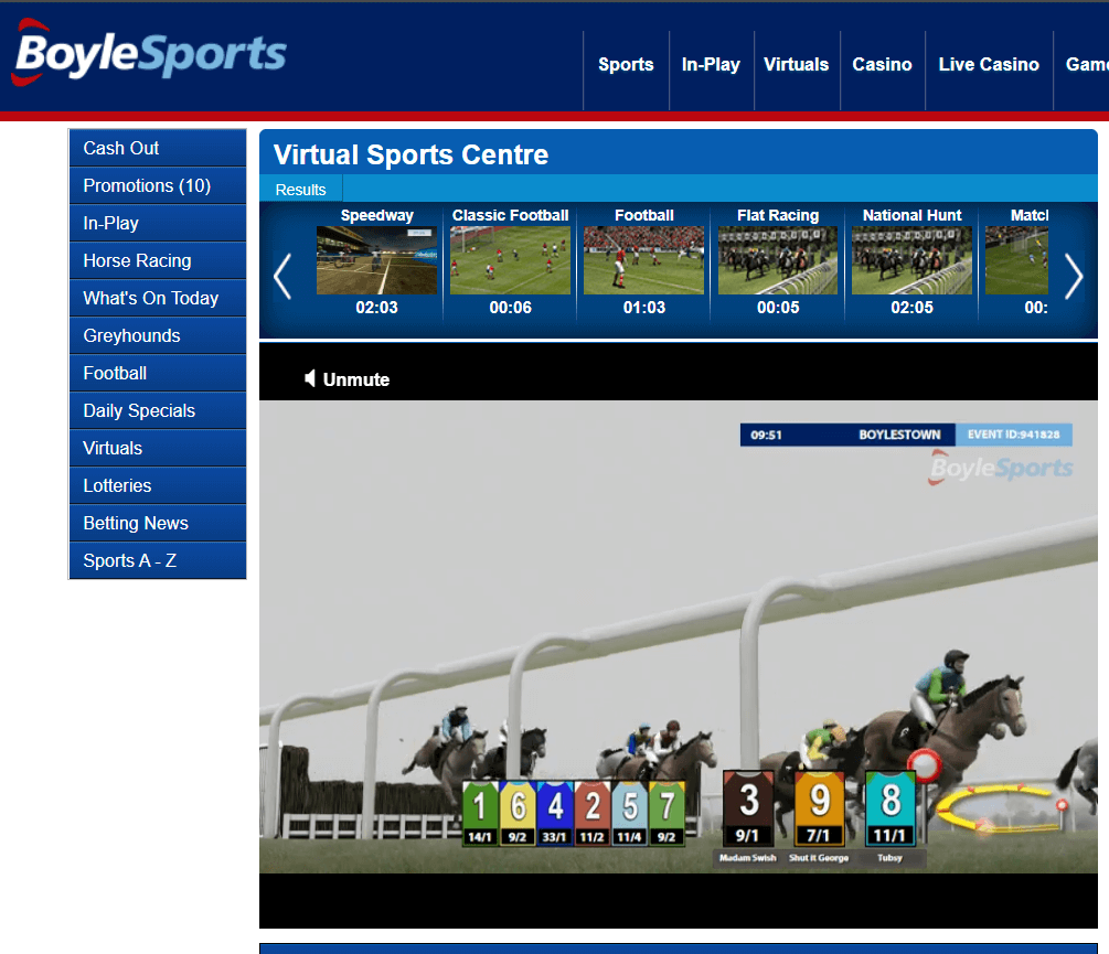 screenshot of virtual horse racing at BoyleSports 