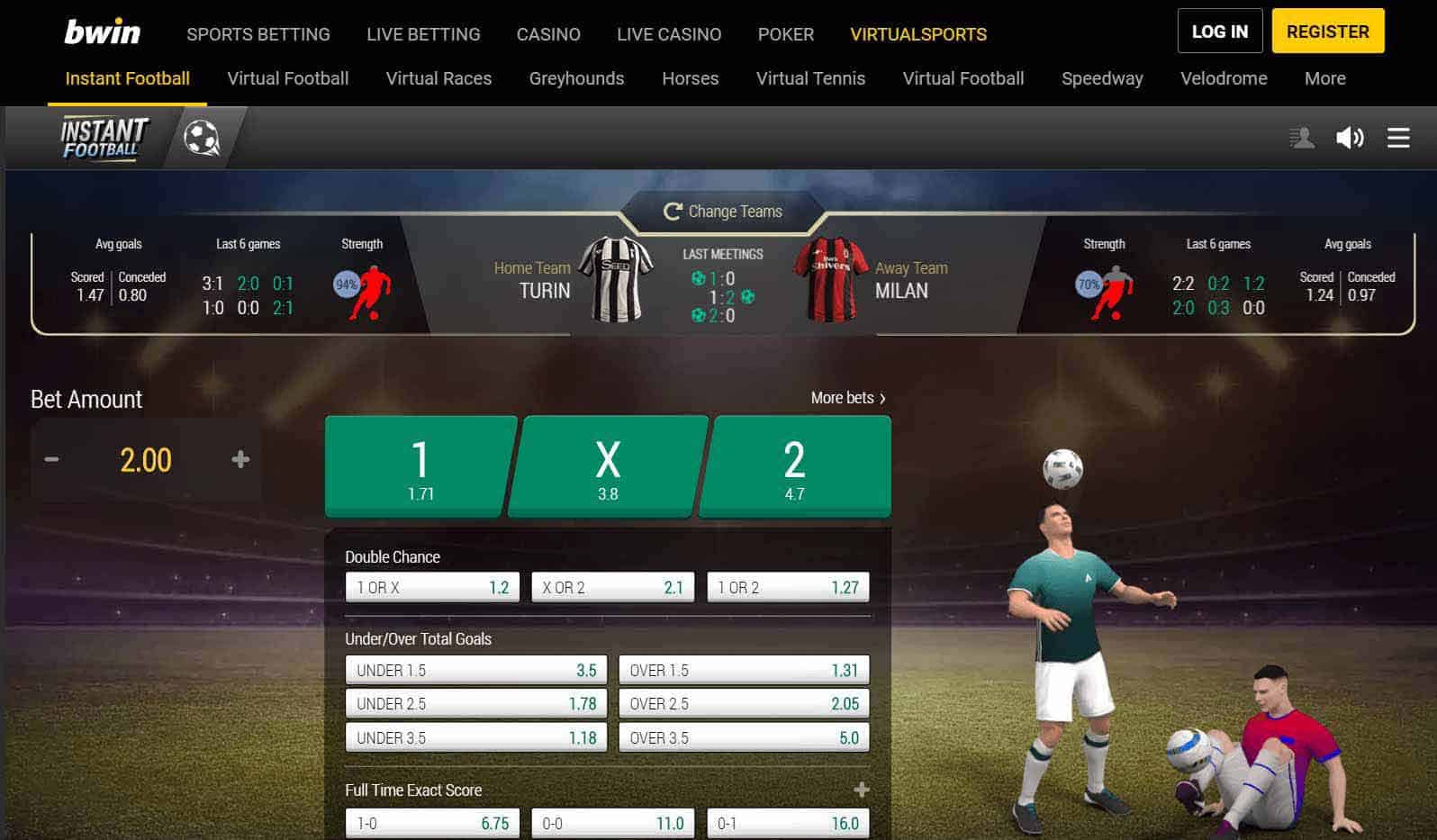 screenshot of virtual football betting at bwin 