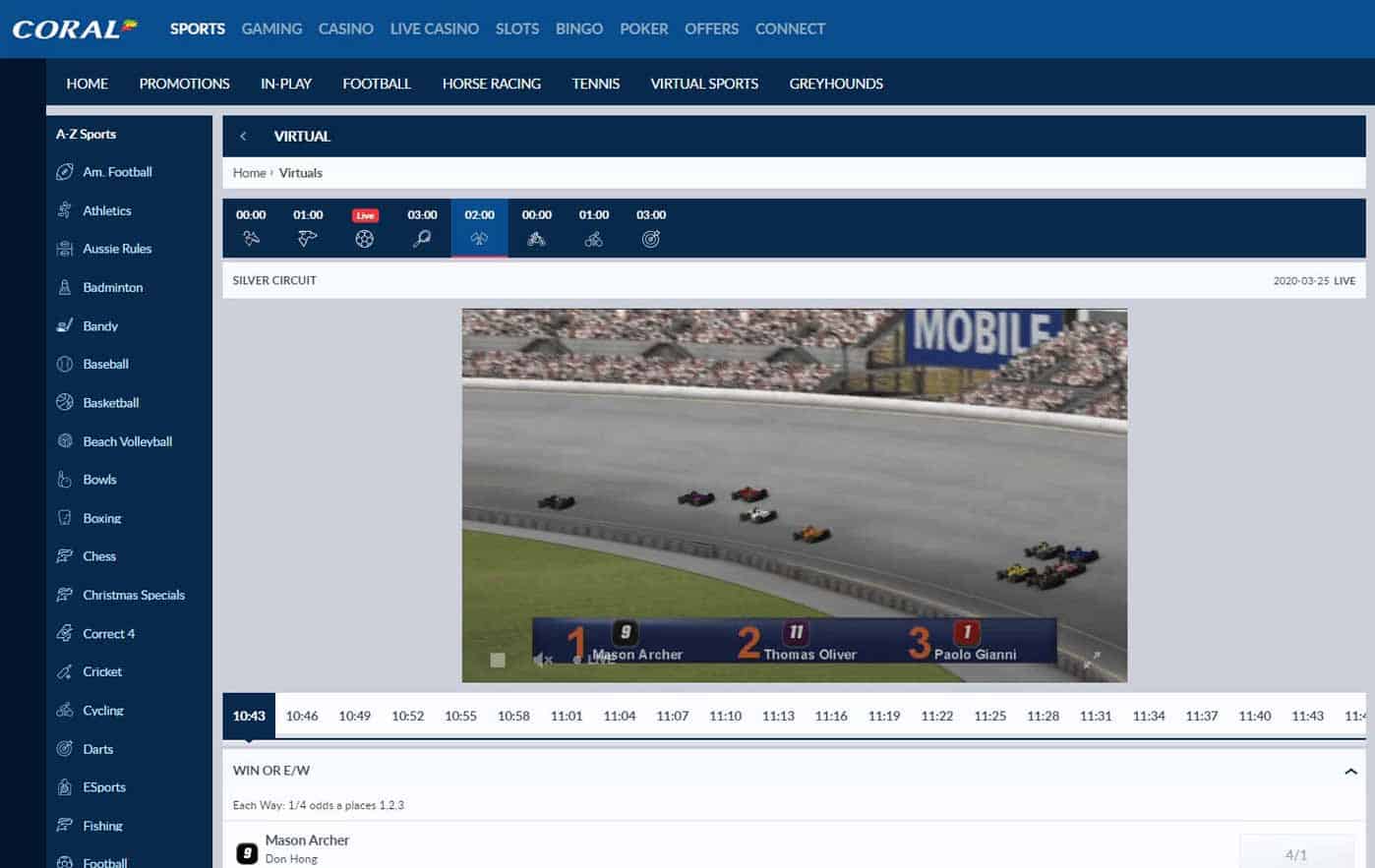 screenshot of virtual motor racing at Coral