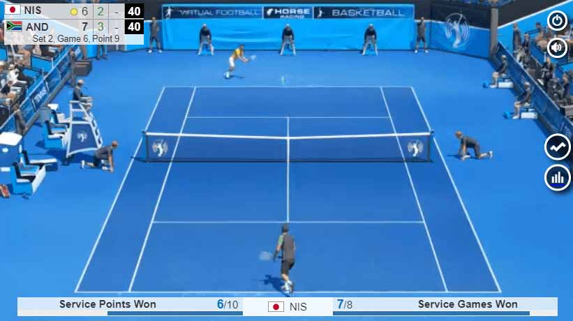 virtual tennis match underway with service points displayed at bottom of screen