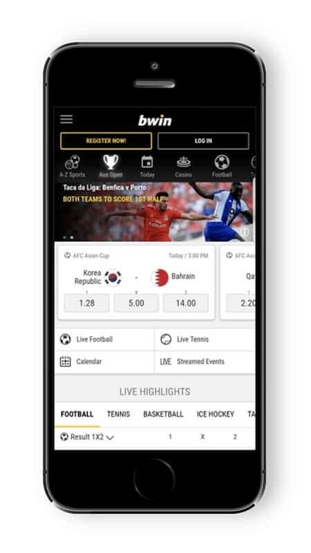 Bwin screenshot for a mobile device showing the website