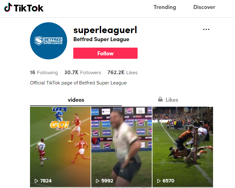 official tiktok page of Betfred Super League