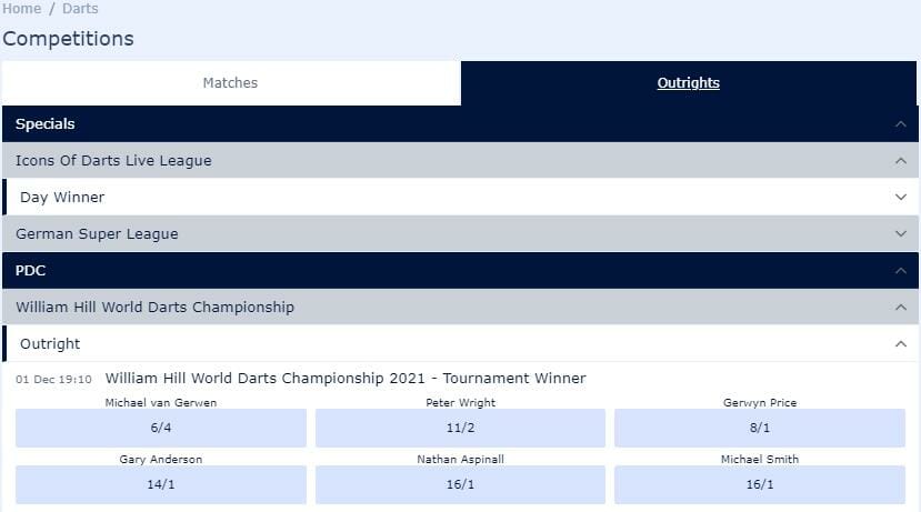 screenshot of William Hill darts championship 2021 betting markets