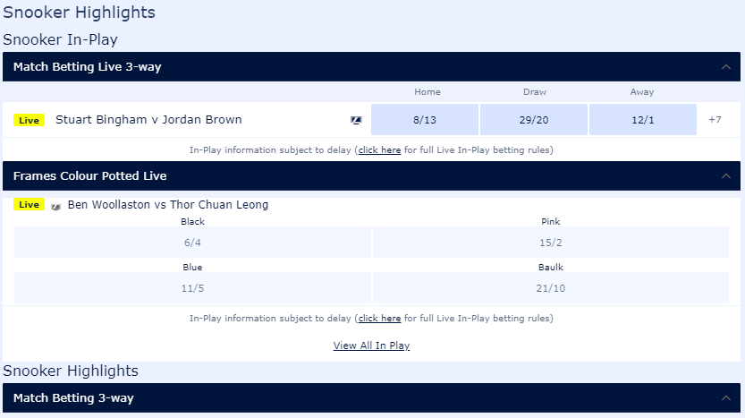 screenshot of In-Play snooker markets and their odds at William Hill