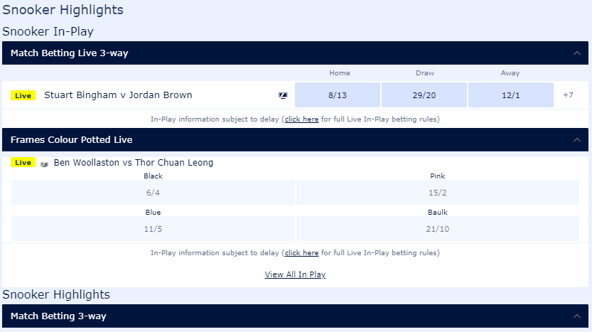 screenshot of In-Play snooker markets and their odds at William Hill 