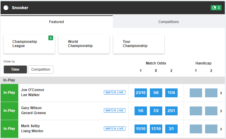 Featured snooker betting markets at Betfair