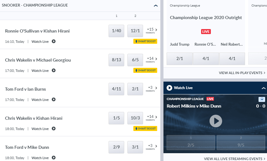 screenshot of Coral snooker markets with odds displayed