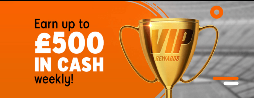 888sport VIP Rewards banner saying "Earn up to £500 in cash weekly!"
