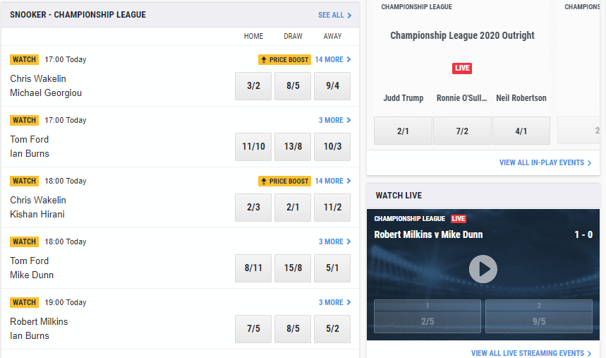 Screenshot of Ladbrokes snooker markets with odds displayed