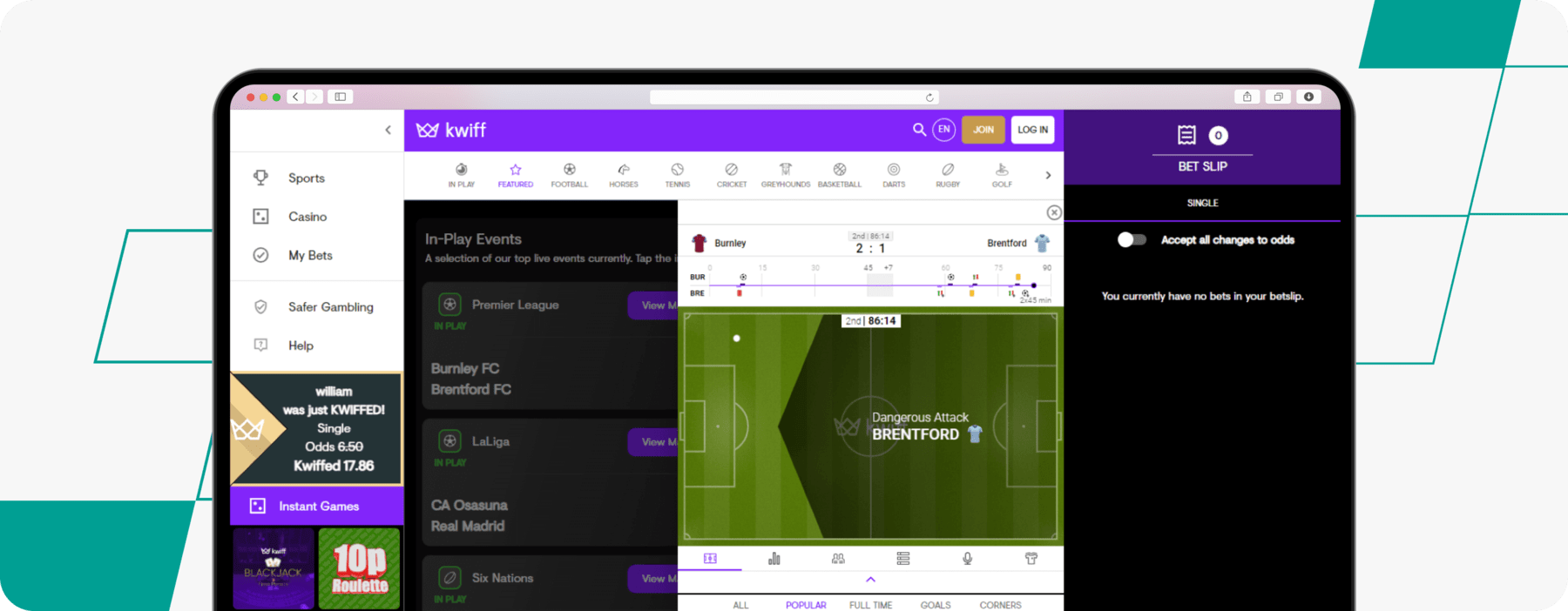 Screenshot of Kwiff Live Betting Coverage