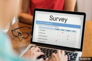 Laptop screen with a survey showing