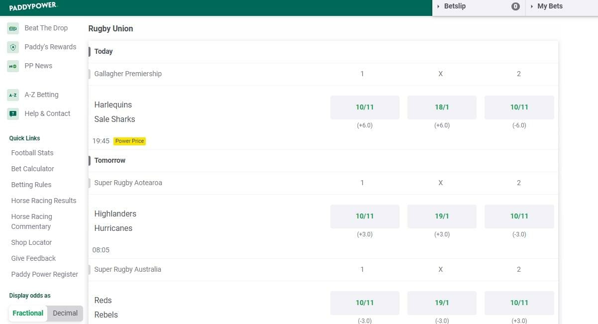 Paddy Power Rugby Union markets