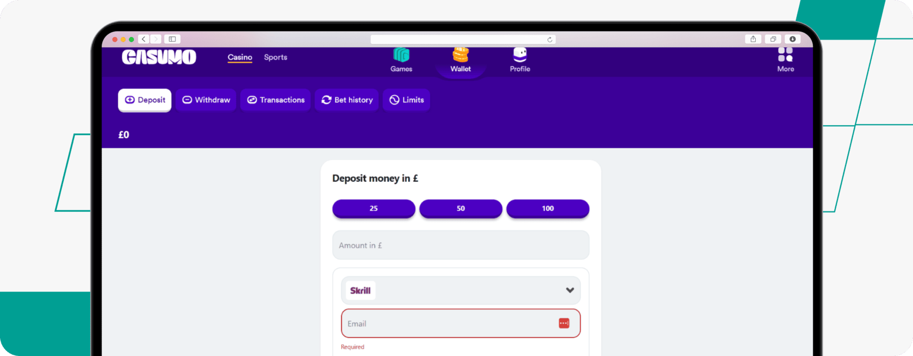 Screenshot of Casumo Skrill Deposit Method