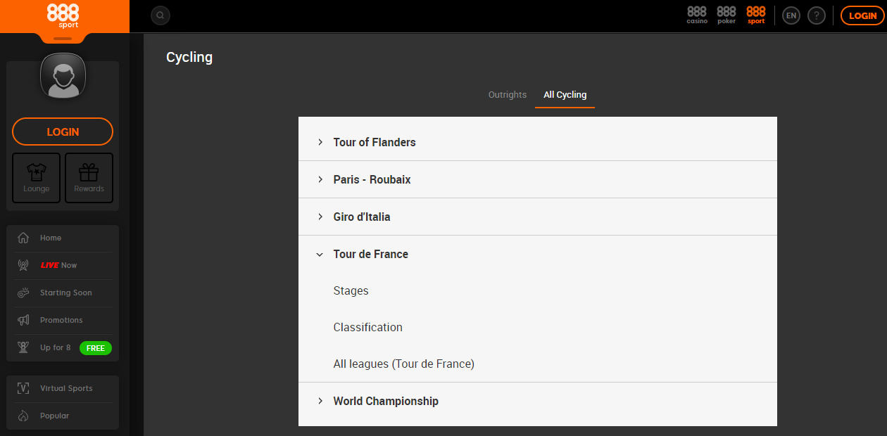 888sports cycling betting markets
