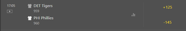 Screenshot of Bet365 Baseball Betting Lines
