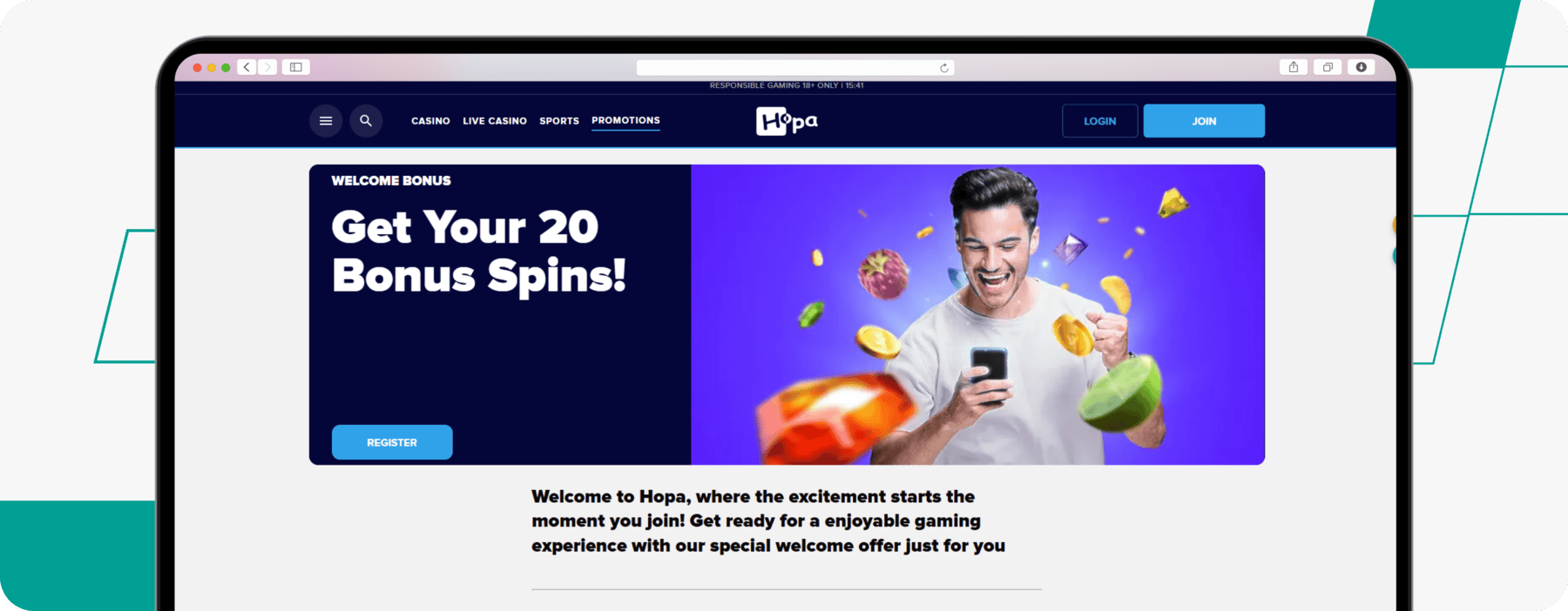 screenshot of hopa casino sign-up offer