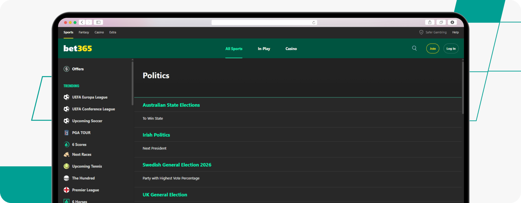 screenshot of bet365 politics betting page