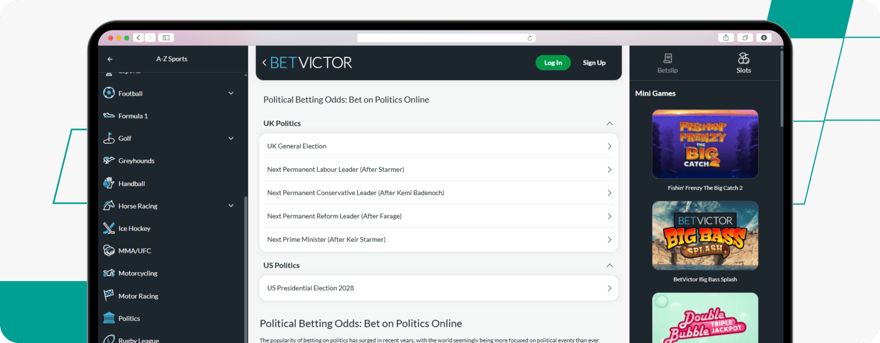 screenshot of betvictor politics betting page