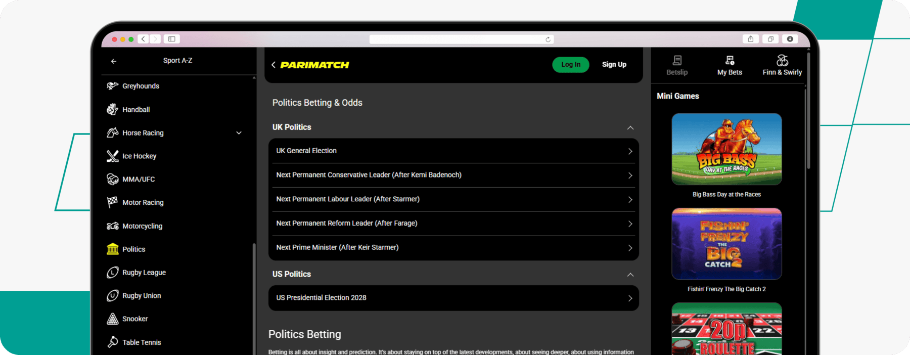 screenshot of parimatch politics betting page