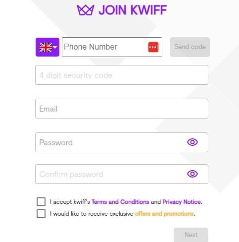 Kwiff Registration Screenshot