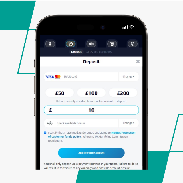 Netbet indbetalingsinterface på mobil med bonustilvalg