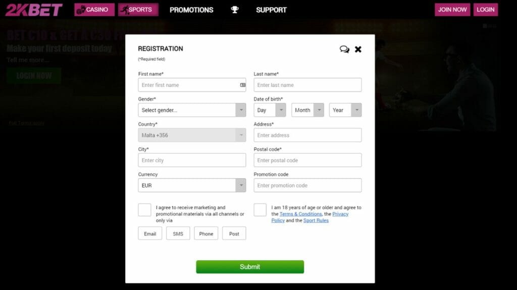 2kBet Registration Page Screenshot