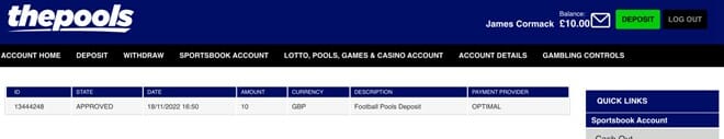 The Pools Deposit Receipt Screenshot