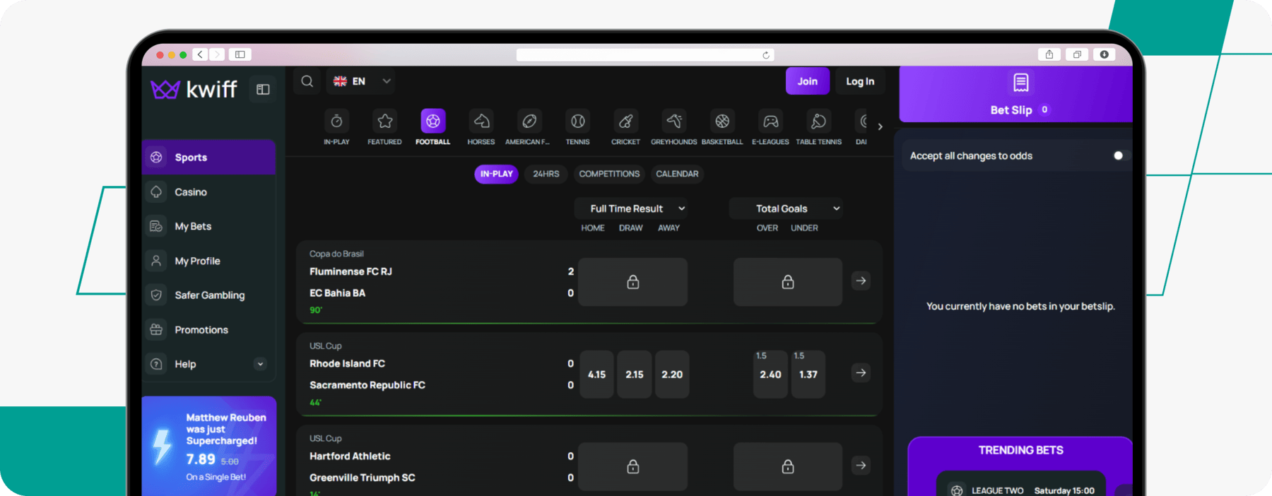 screenshot of kwiff football betting page