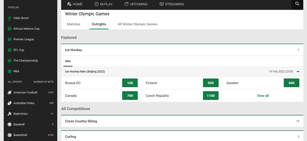 Screenshot Of Winter Olympics Games Markets Page