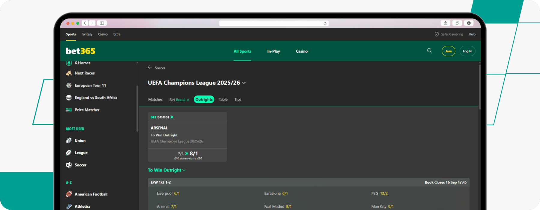 screenshot of bet365 champions league betting page