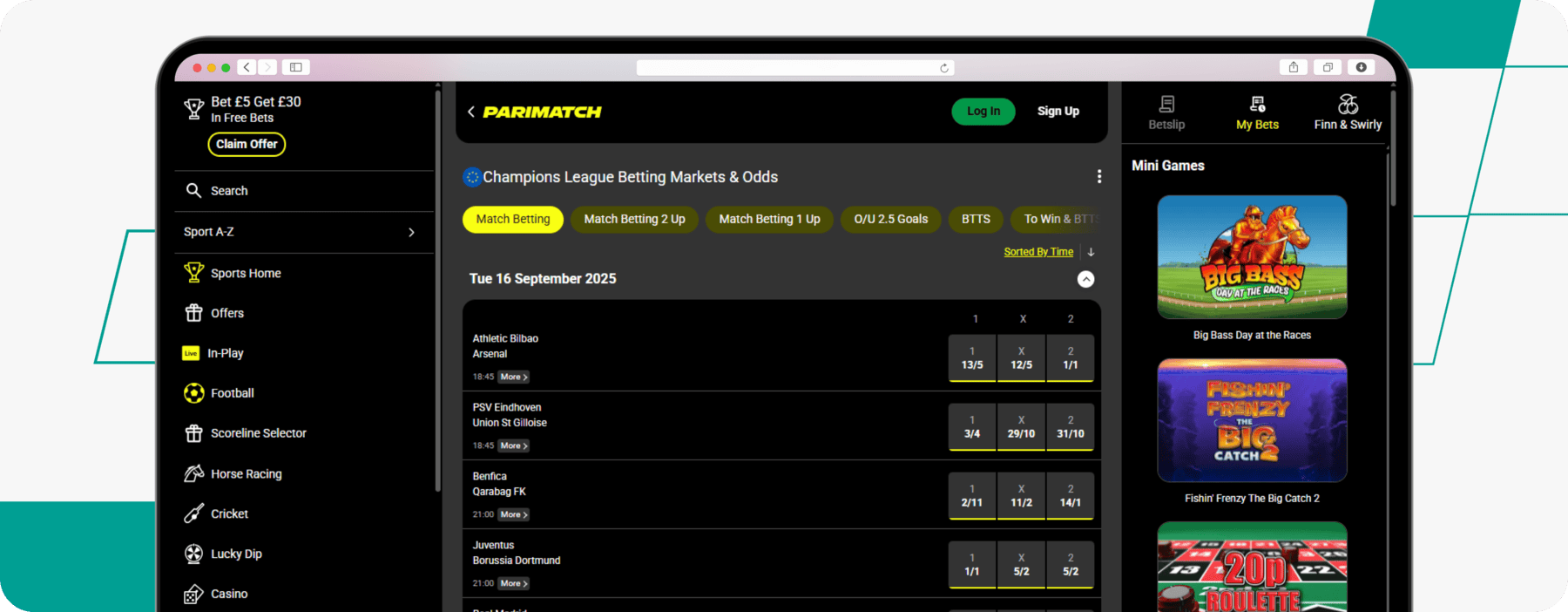 screenshot of parimatch champions league betting page