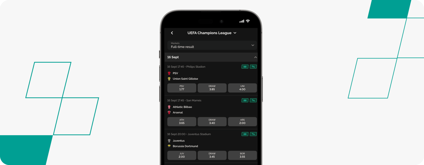 screenshot of sbk champions league betting page