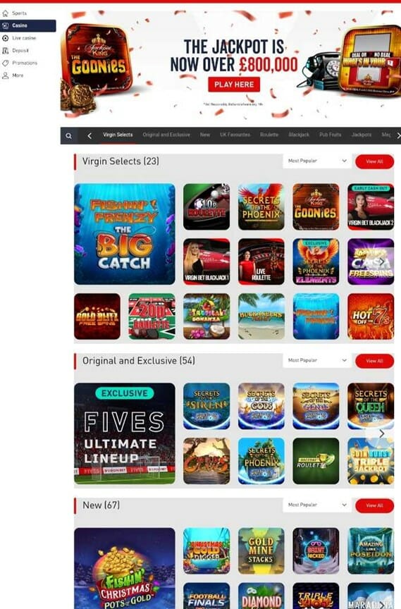 Virgin Bet Casino Screenshot