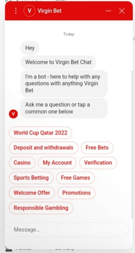 Virgin Bet Live Chat Screenshot