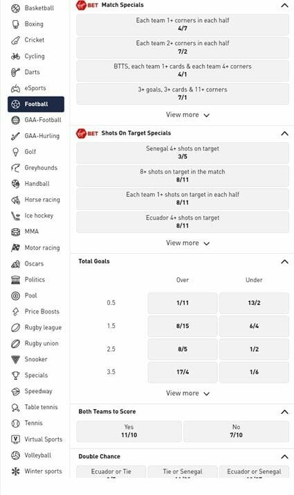 Virgin Bet Pre-match Offer Screenshot