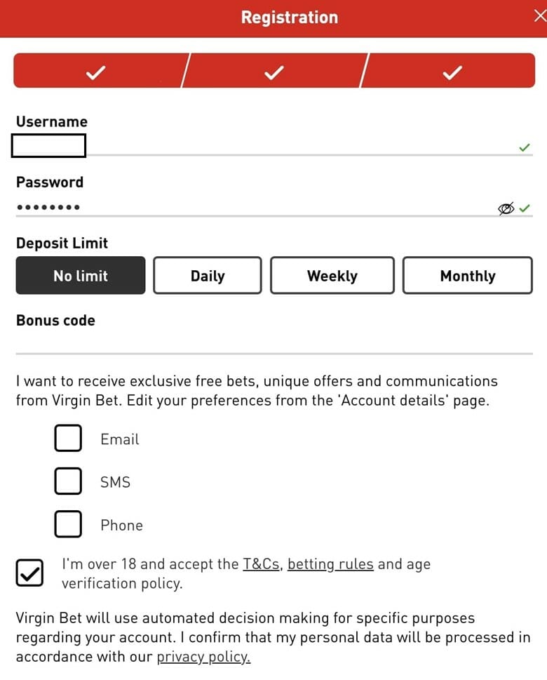 Virgin Bet Registration Screenshot