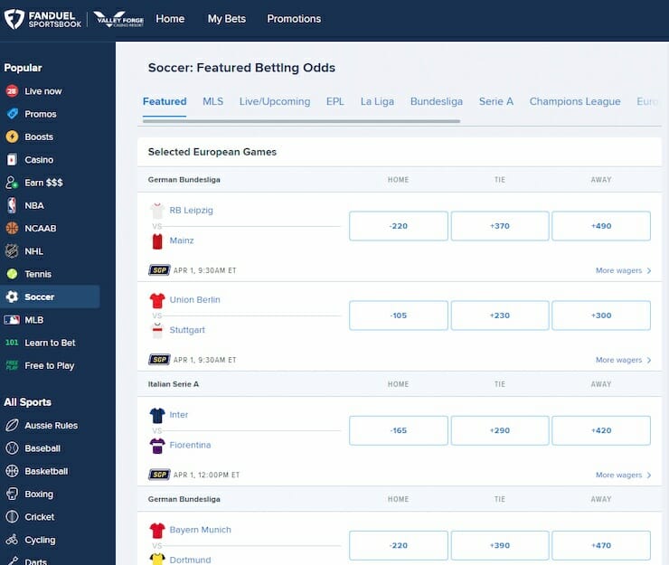 FanDuel Soccer Betting Odds Screenshot