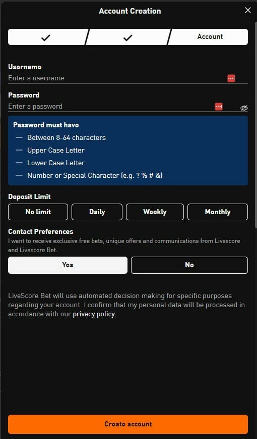 LiveScore Bet Registration Screenshot