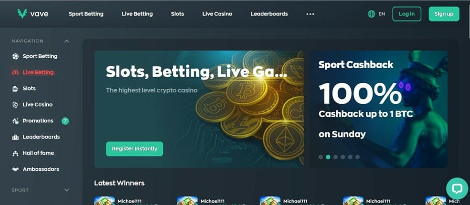 Screenshot of Vave homepage