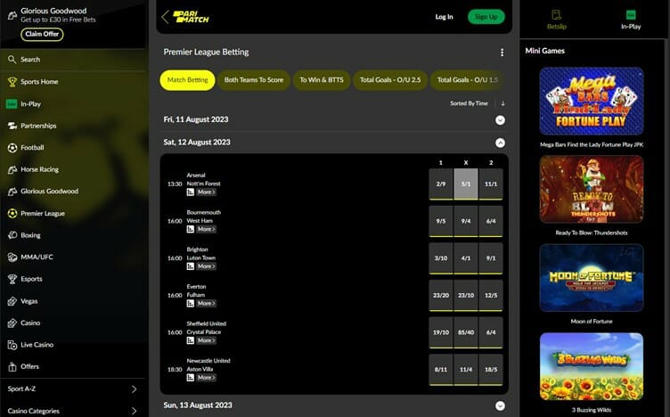 Parimatch Premier League Betting Screenshot
